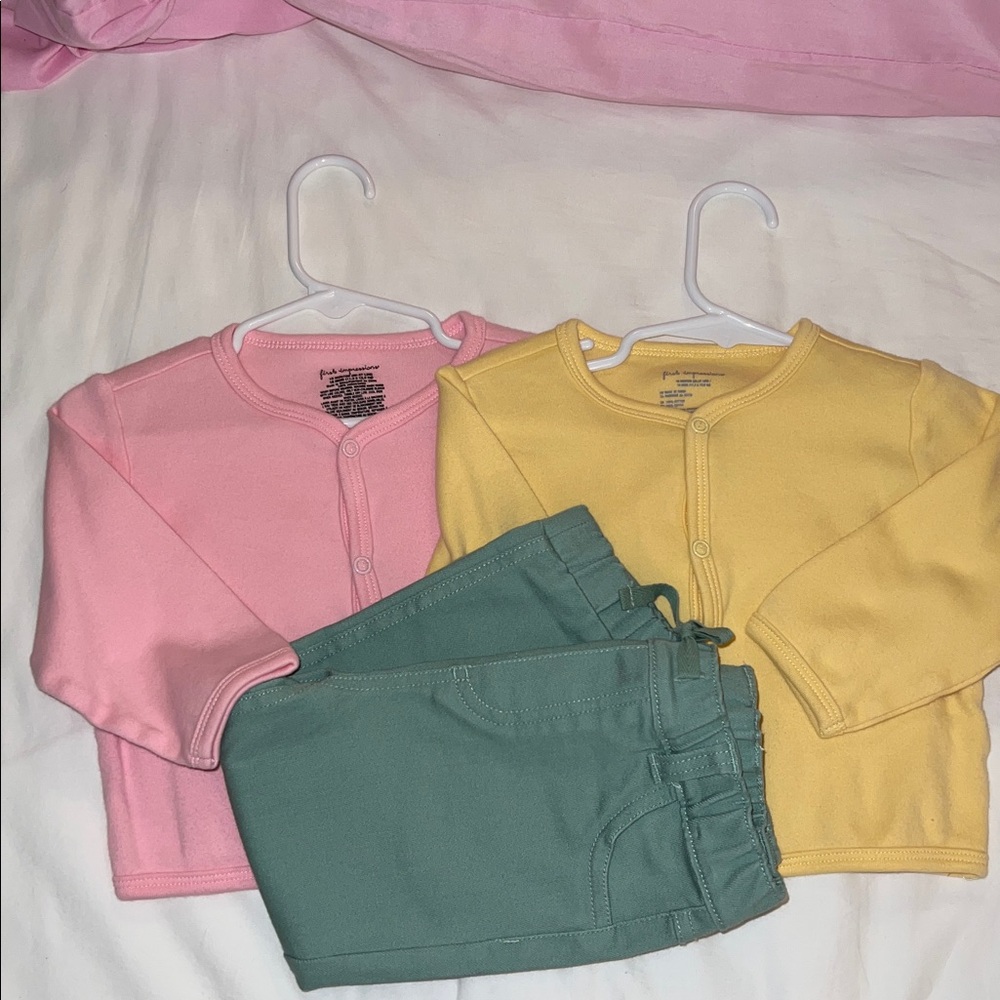 2pcs. First Impressions Yellow and Pink Button Down Shirts 
1pc. Green jogger